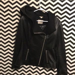Black leather jacket with hood